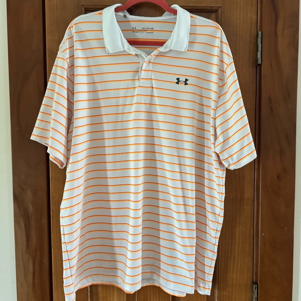 Under Armour Golf Polo Top Men’s XXL 2X HeatGear White Orange Stripes Loose Fit